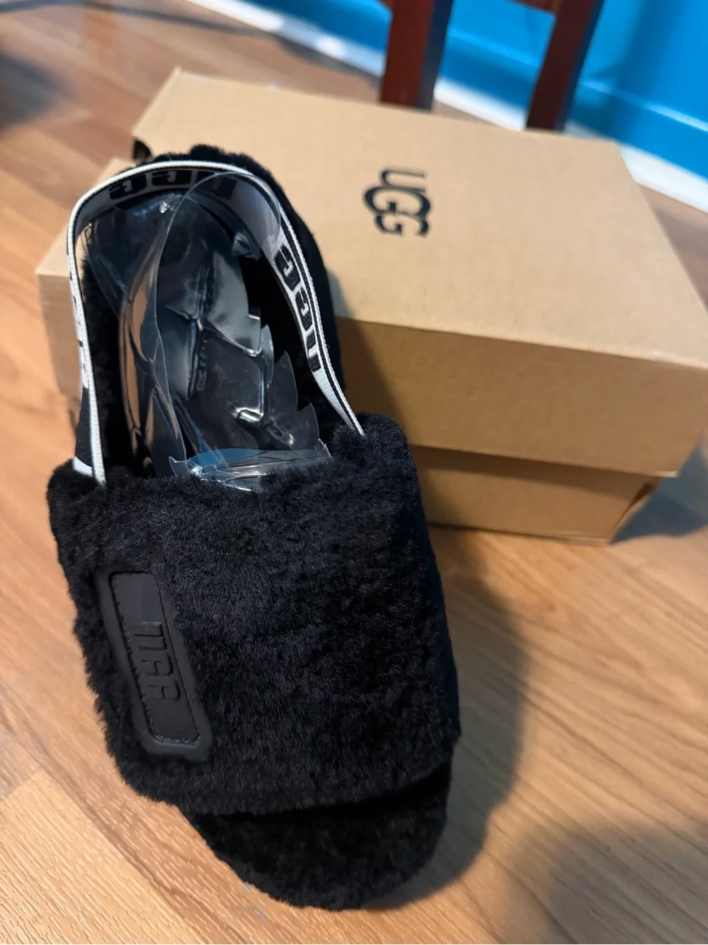 UGG Black Plush Slide with Branded Elastic Strap